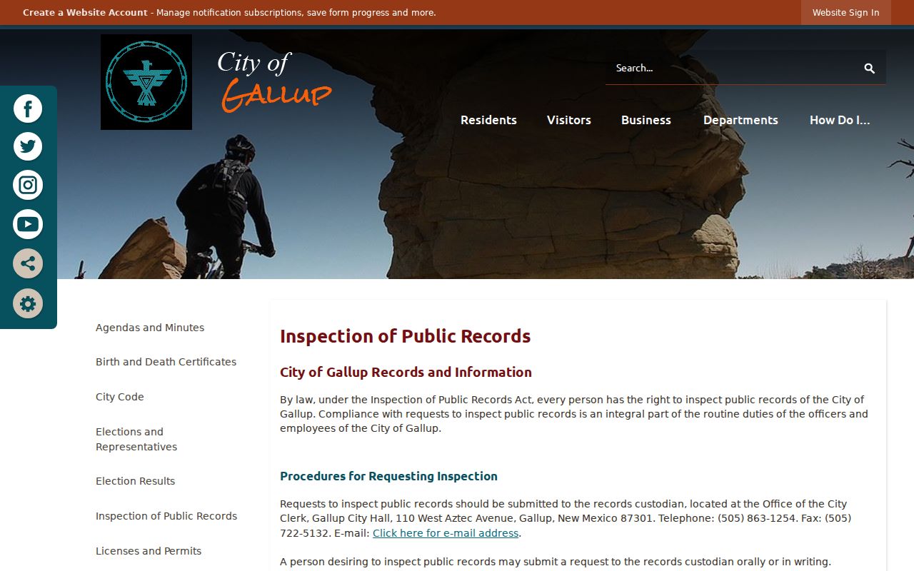 Gallup residents directory City Clerk inspection of public records procedure