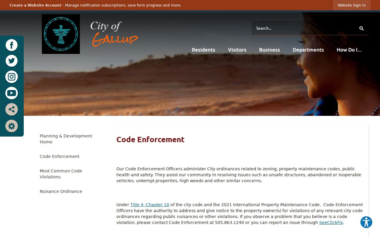 Gallup neighbors reference showing the City Code Enforcement page