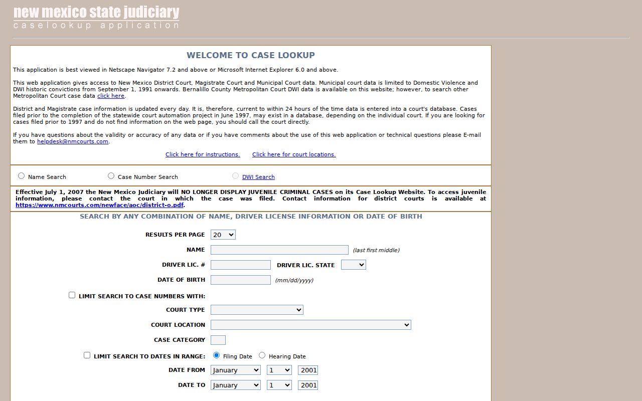 Gallup resident lookup New Mexico Case Lookup name and case search screen