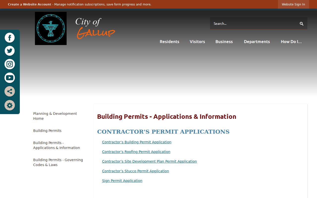 Gallup street directory reference showing the City's building permit applications page